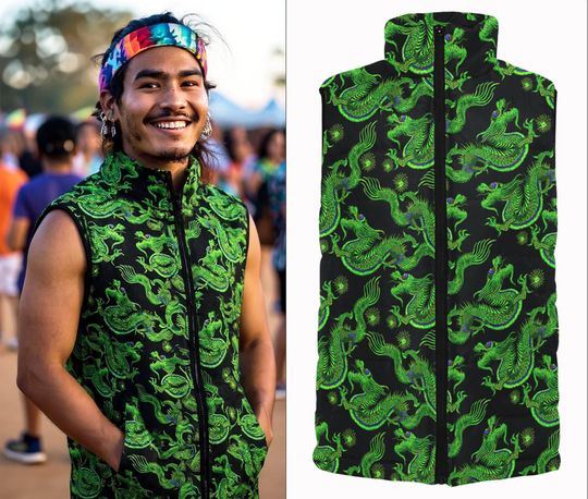 Discover Men's Puffer Vest with Green Dragons Print