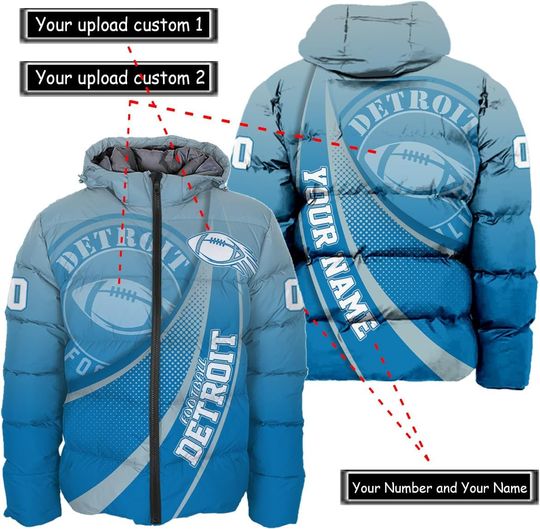 Personalized Detroit Football Team Lions Men's Hooded Puffer Jacket