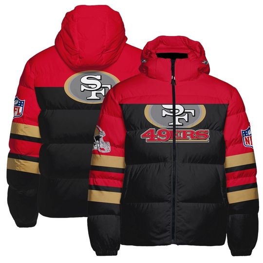 San Francisco 49ers Logo Hooded Puffer Jacket, Football Team Jacket, Winter Gift