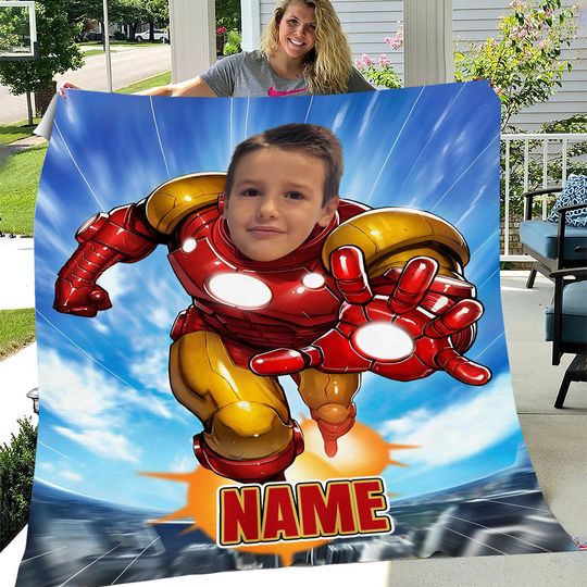 Custom Iron Spider Man Blanket, Cartoon Blanket With Face,Blanket With Cartoon Name,Funny Christmas Gift,Superhero Spider Man