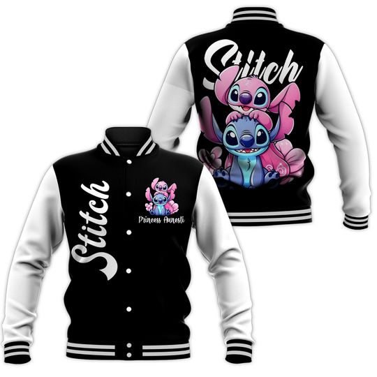 Personalized Stitch Varsity Baseball Jacket for Ohana Means Family, Unisex Cartoon Stitch Angel Shirt