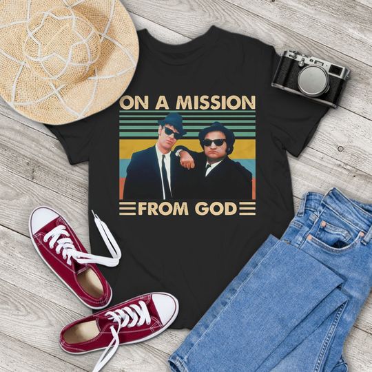 On A Mission From God Vintage 80s Comedy Movie T-Shirt The Blues Brothers Quote Tee
