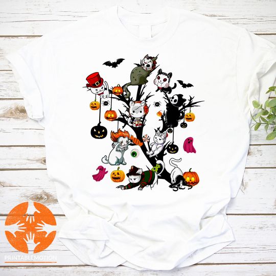 Discover Horror Movies Cat Character Pumpkin Tree Funny Halloween Vintage T-Shirt, Horror Movies Cat Shirt, Cat Character Scary Shirt