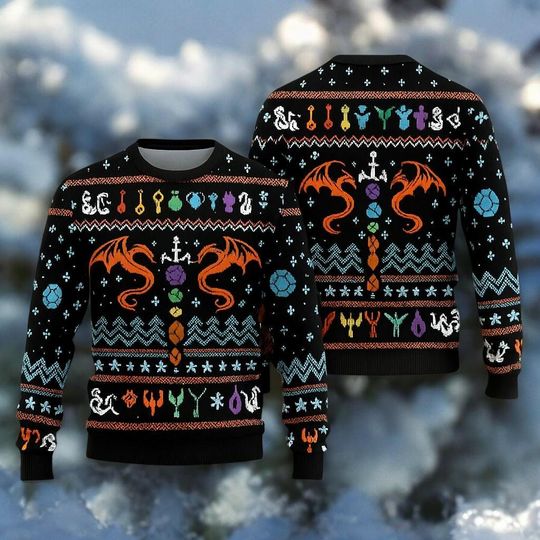 Dungeons & Dragons Christmas Sweater, Dragon Ugly Holiday Jumper, Nerdy Gamer Xmas Pullover, Gift for RPG Fans