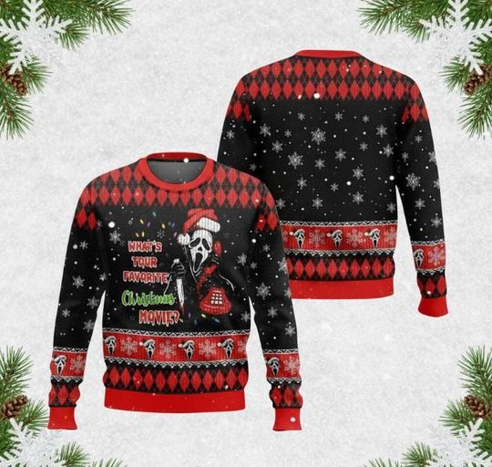 Discover Horror Movie Ugly Christmas Sweater, Funny Killer Jumper, 90s Slasher Holiday Sweater, Xmas Gift for Movie Fans