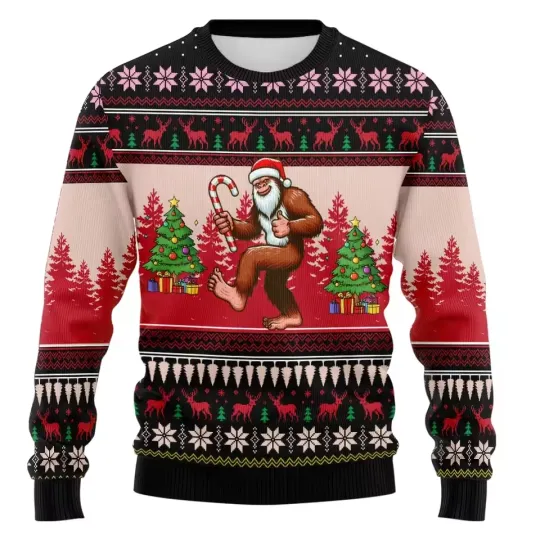 Bigfoot Santa Ugly Christmas Sweater Candy Cane Tree Funny Holiday Gift