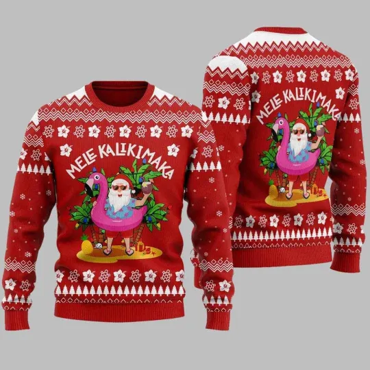 Mele Kalikimaka Hawaiian Santa Ugly Christmas Sweater Holiday Funny Jumper
