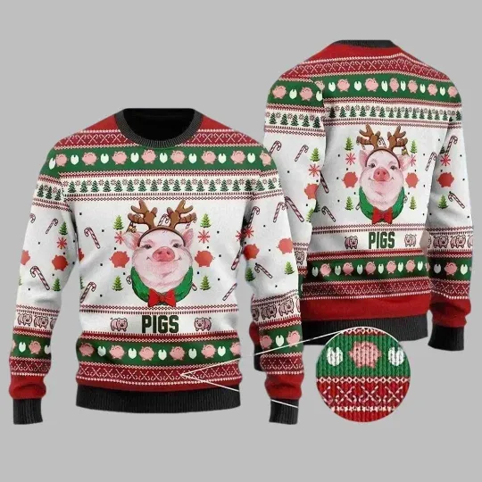 Discover Lovely Pig Reindeer 3D Christmas Sweater Ugly Holiday Jumper Funny Gift