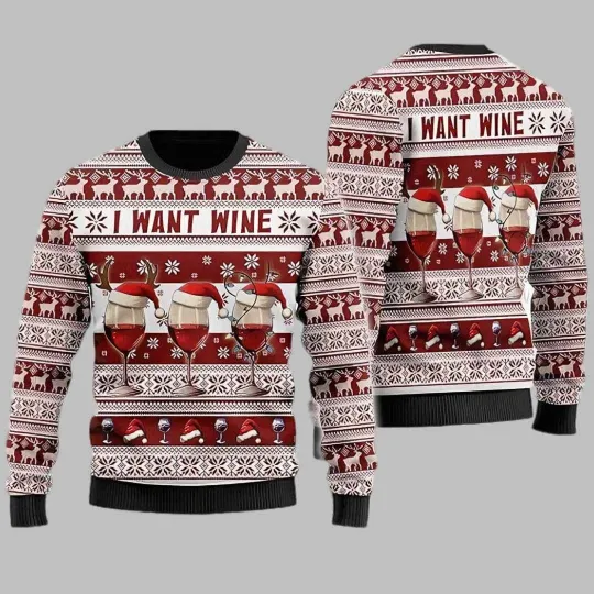 Discover I Want Wine Ugly Christmas Sweater Funny Holiday Jumper Christmas Gift