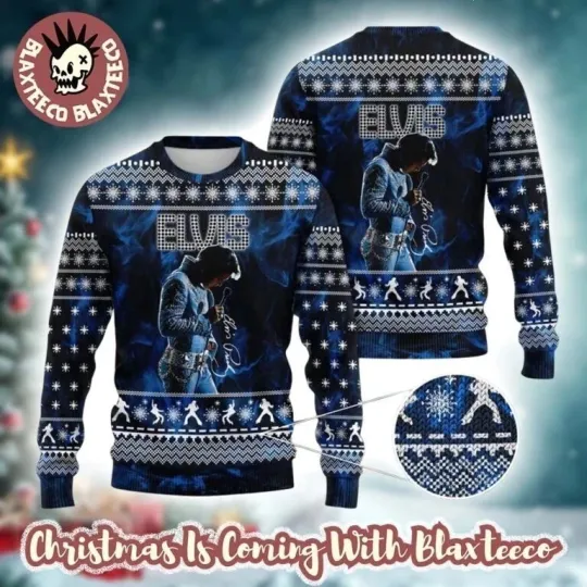 Discover Elvis Presley Graphics Signature Blue Ugly Christmas Sweater