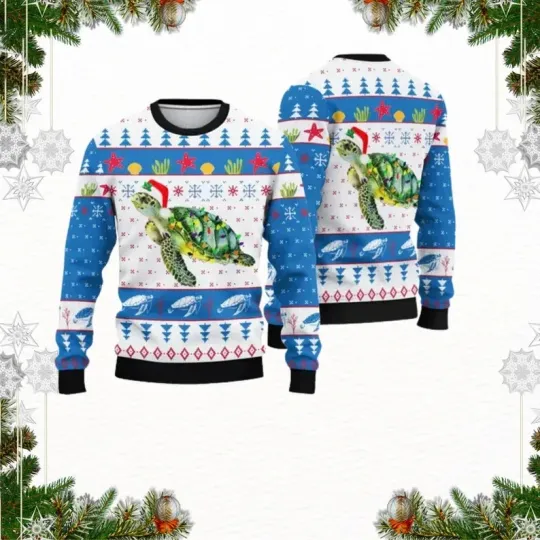 Sea Turtle Tangled In Christmas Lights Ugly Sweater Unisex Ocean Marine Holiday