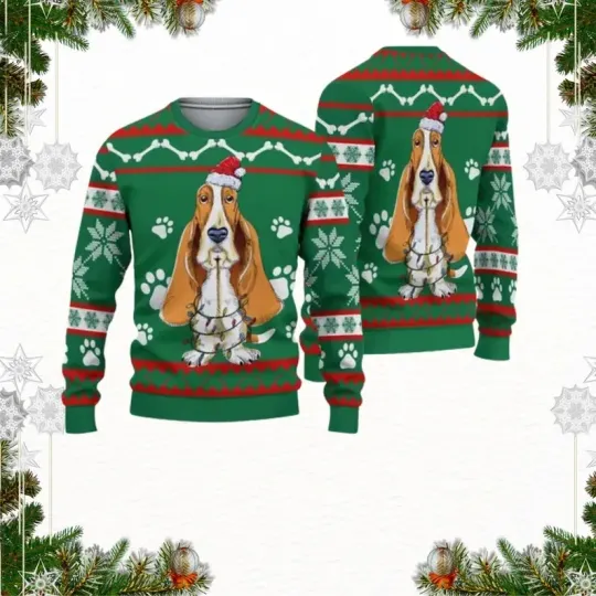 Discover Funny Basset Hound Dog Wrapped In Xmas Lights Ugly Sweater