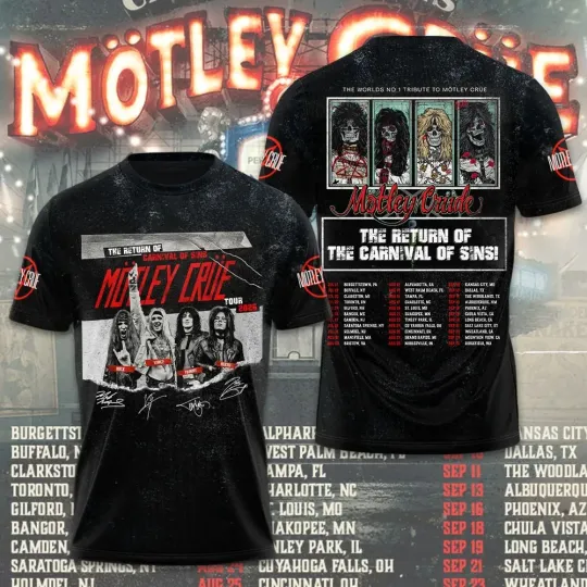 Discover Motley Crue The Return Of The Carnival Of Sins 3D T-Shirt Tour 2026