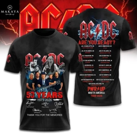 Discover AC DC 53 Years 1973-2026 North America Tour Are You Ready Tour 3D T-Shirt