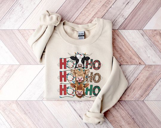 Discover Holiday Cow Sweatshirt - Funny Hohoho Lights Farm Style