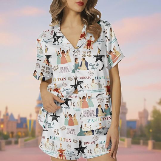 Discover Hamilton Musical Satin Pajama Set  Short Silky Sleepwear for Broadway Fans, Alexander Hamilton Nightwear Gift