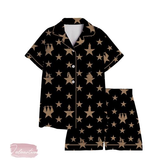 Discover Hamilton Star Silky Satin Pajama Set For Women | Broadway Musical Sleepwear | Gold Star Pattern PJs | Gift for Theater Fans