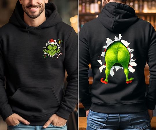 Discover GR|INCH Front & Back Double Sided Hoodie, Whimsical Funny Christmas Festive Retro Xmas Movie Watching Shirt