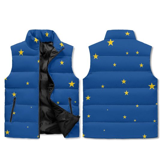 Discover Unisex Blue Stars Puffer Vest - All Over Print Winter Stand Collar Vest