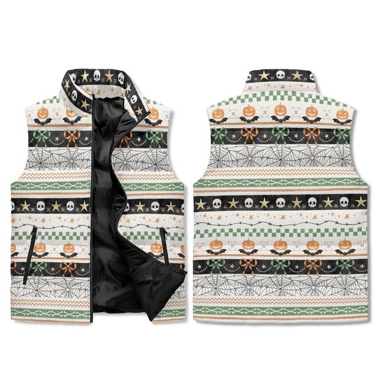 COQUETTE HALLOWEEN Lightweight Sleeveless Puffer Jacket, Spooky Stripes Puffy Vest with Pumpkins Bats & Spiderweb, Fall Quilted Jacket