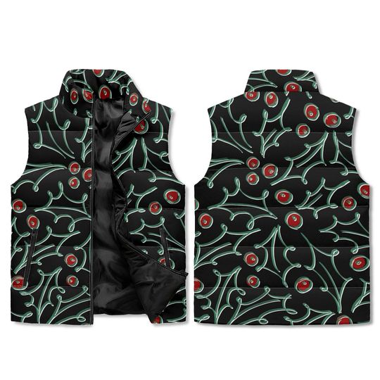 Holly Berry Print Puffer Vest  Custom Color Winter Vest