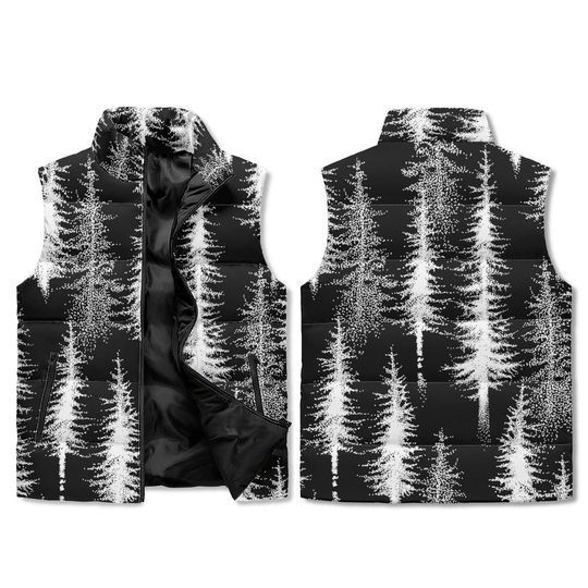 Custom Color Pine Forest Vest  Black White AOP Zip Puffer  Unisex Winter Outerwear
