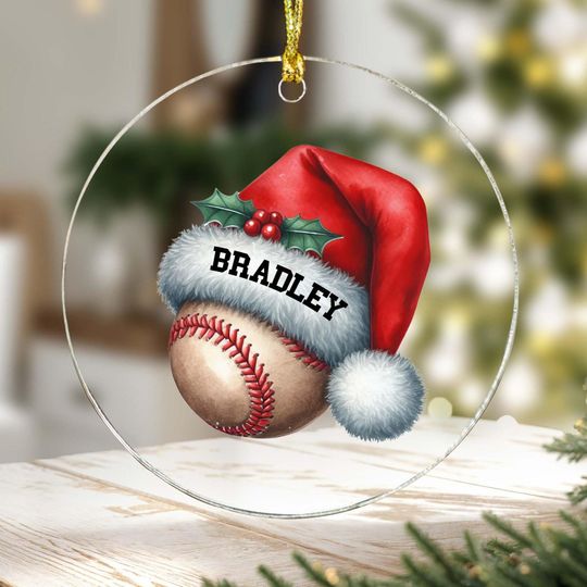 Discover Personalized Ornament Baseball and Santa Hat Any Name Xmas Keepsake 3.5" Acrylic Festive Holiday Christmas Tree Hanging Decoration Gift