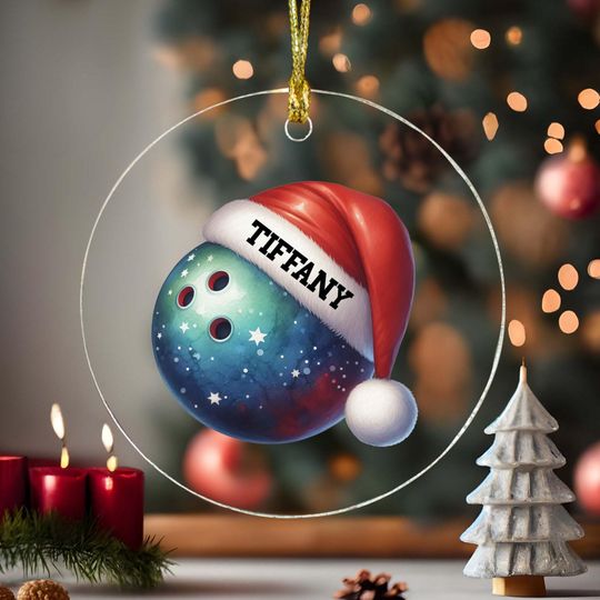 Discover Personalized Ornament Bowling Ball and Santa Hat Any Name Xmas Keepsake 3.5" Acrylic Festive Holiday Christmas Tree Hanging Decoration Gift
