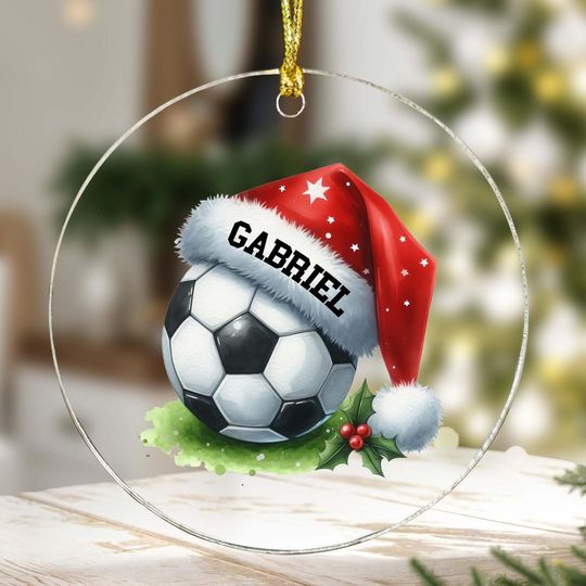 Discover Personalized Ornament Soccer Ball and Santa Hat Any Name Xmas Keepsake 3.5" Acrylic Festive Holiday Christmas Tree Hanging Decoration Gift