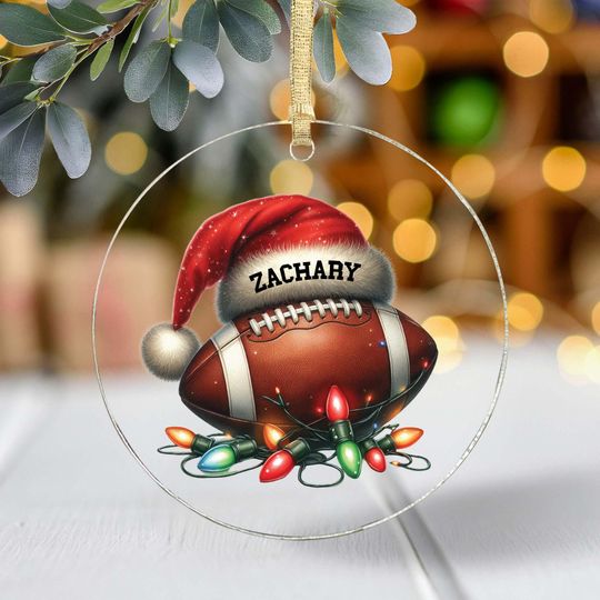 Discover Personalized Ornament Football and Santa Hat Any Name Xmas Keepsake 3.5" Acrylic Festive Holiday Christmas Tree Hanging Decoration Gift