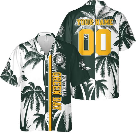 Discover Greenbay Men's Custom Hawaiian Shirts Short Sleeve Aloha Beach Shirt Football Summer Name Number Logo Front Back Print Casual Button Down Shirts