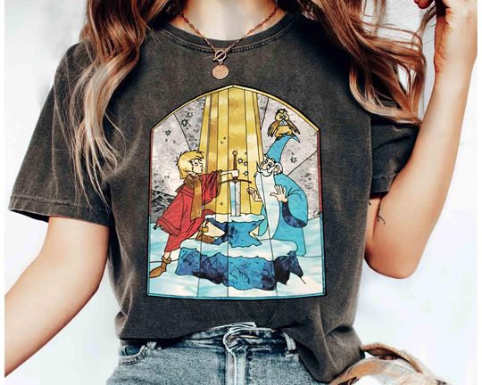 Discover Retro Disney The Sword In The Stone Stained T-shirt, Disney Arthur And Merlin Stained Glass Tee, WDW Magic Kingdom Family Vacation Trip