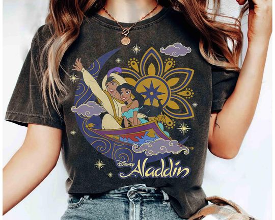 Discover Disney Aladdin Cute Jasmine & Aladdin Flying Carpet Floral Poster Shirt, WDW Magic Kingdom Disneyland Trip Family Vacation Holiday Gift
