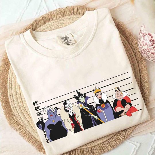 Discover Disney Villains Characters Mugshot Squad T-shirt, Disney Bad Girls Ursula Cruella Evil Queen Maleficent Tee, Disneyland Family 2025 Trip