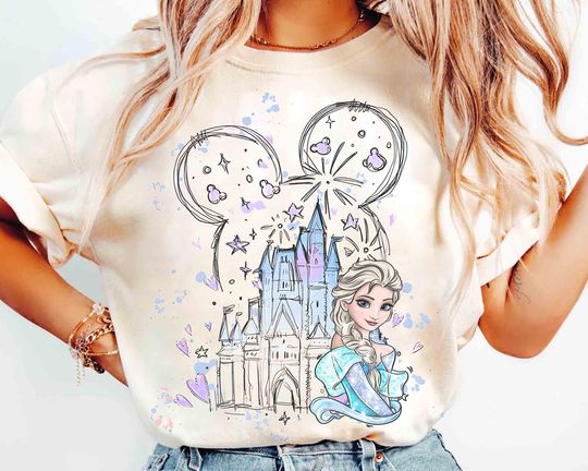 Discover Disney Castle Frozen Elsa Princess Portrait Mickey Ears Shirt, WDW Disney Parks Magic Kingdom Disneyland Family Vacation Holiday Gift