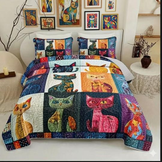 Discover Boho Patchwork Cat Quilt Bedding Set with Pillowcases Gift for Cat Lovers