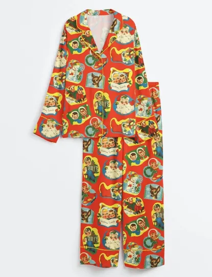 Discover Women’s Vintage Kitsch Christmas Retro Holiday Short Sleeve Satin Pajama Set