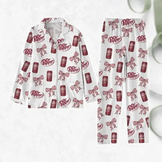 Dr Pepper Pink Bows Pajama Set, Coquette Valentine Sleepwear for Women