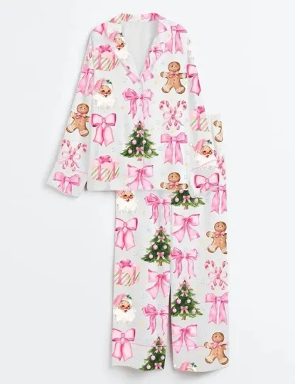 Discover Coquette Women’s Christmas Candy Cane Pajama Set with Pink Bows