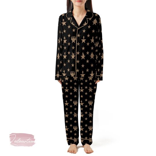 Discover Hamilton Star Silky Satin Pajama Set For Women | Broadway Musical Sleepwear | Gold Star Pattern PJs | Gift for Theater Fans