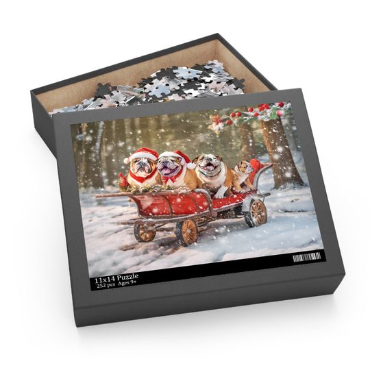 Discover English Bulldogs Christmas Wagon Jigsaw Puzzle