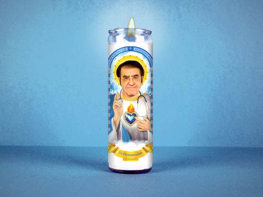 Discover Dr. Nowzardan Prayer Candle: Funny Celebrity Saint Votive, Gem Accents