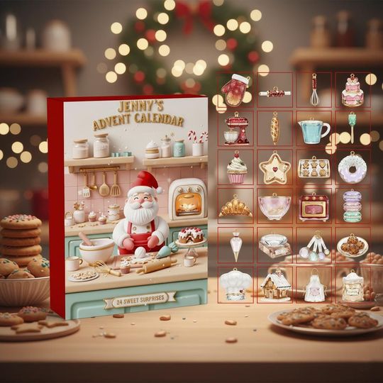Discover Acrylic Advent Calendar Blind Box - Santa Kitchen Theme, 24 Mini Dessert Charms, Holiday Baker Gift, Christmas Countdown Box