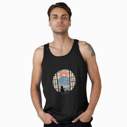 Discover Coffee Cat in Mt. Fuji Tank Top