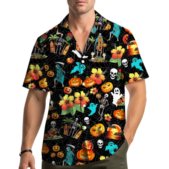 Halloween Hawaiian Shirt, Men Women Youth Spooky Ghost Pumpkin Skull Floral Print