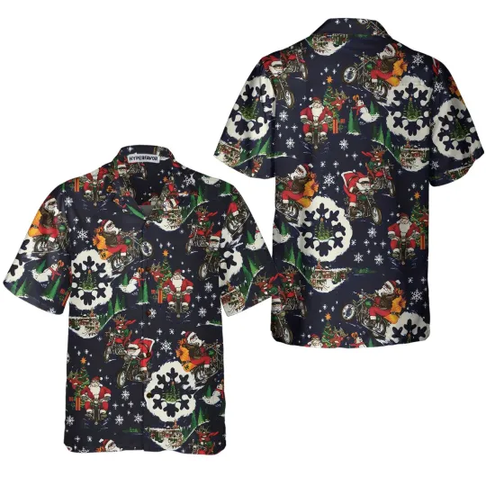 Discover Santa On Motorcycle Blue Christmas Hawaiian Shirt For Men Funny Christmas Gift
