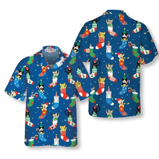 Discover Cute Cats In Christmas Socks Hawaiian Shirt, Christmas Cat Shirt