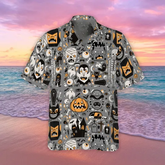 Discover Halloween Pattern Hawaiian Shirt, Spooky Pattern Aloha Shirt, Horror Shirt for Me
