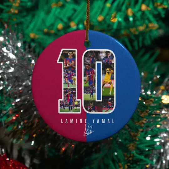 Discover Lamine Yamal #10 Signed Design Ceramic Christmas Ornament - Barcelona Tribute