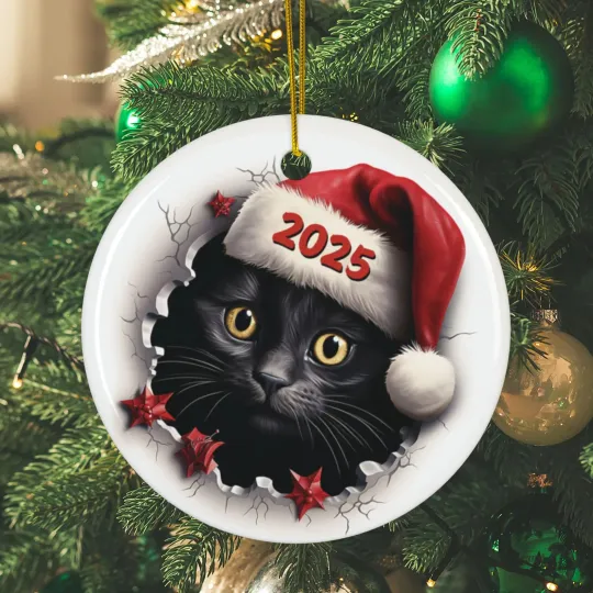 Discover Black Cat 2025 Merry Christmas Ceramic Ornament - Holiday Tree Keepsake GIft
